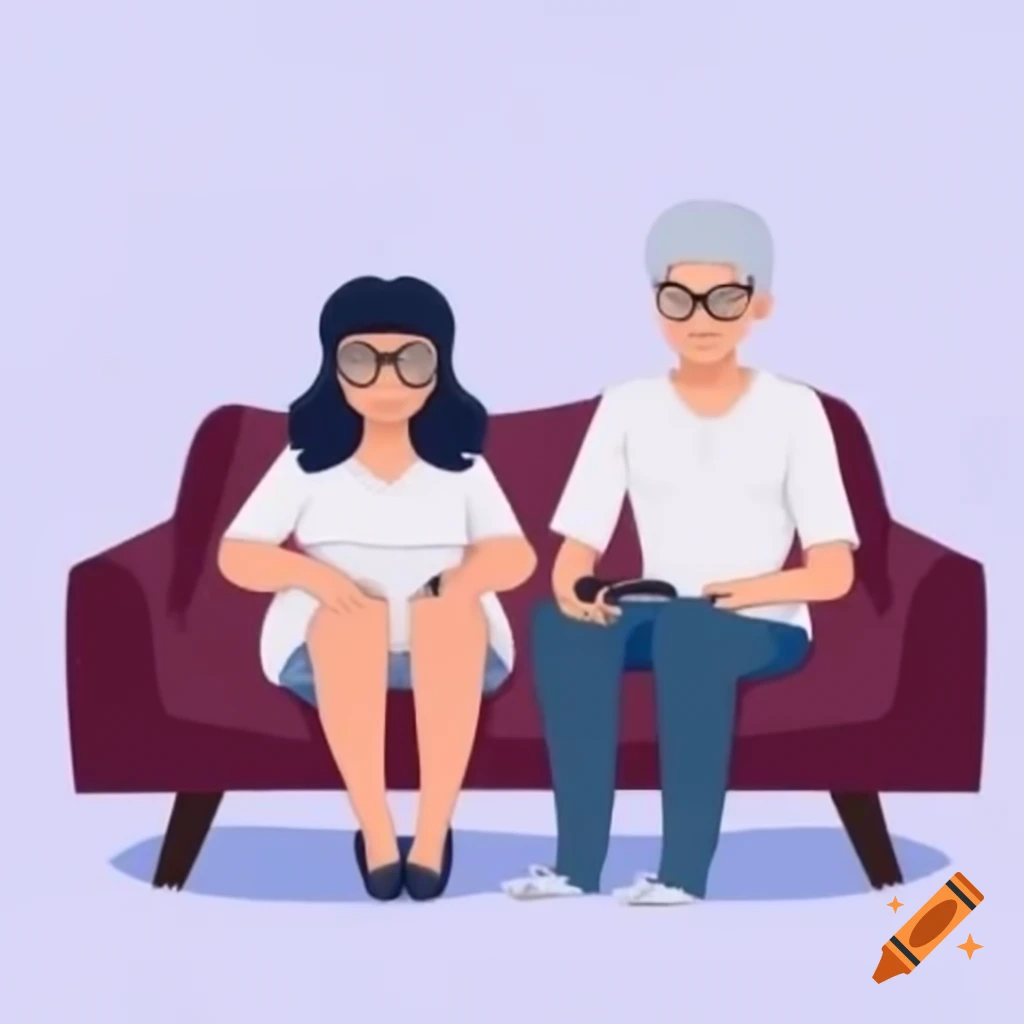 Nerdy couple gaming together on couch, man with silver hair and glasses, woman with wavy dark hair