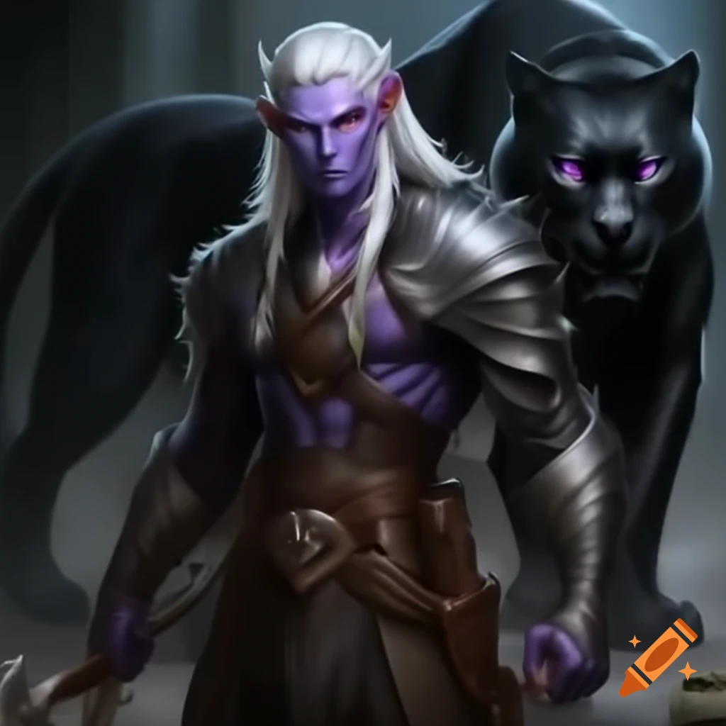 Male elf with white hair and scimitars accompanied by a black panther
