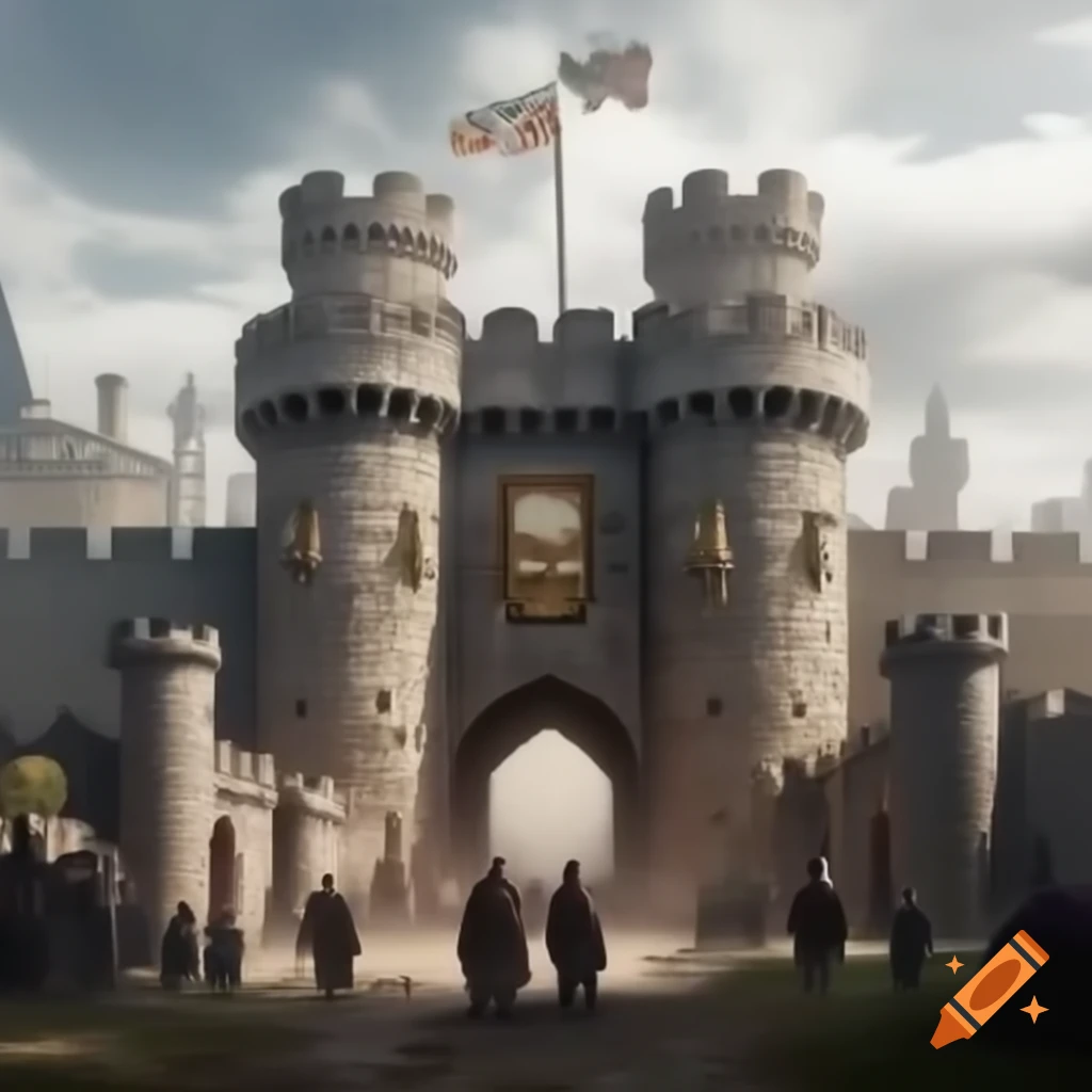 Fortified castle gate with villagers in medieval clothing approaching during daylight