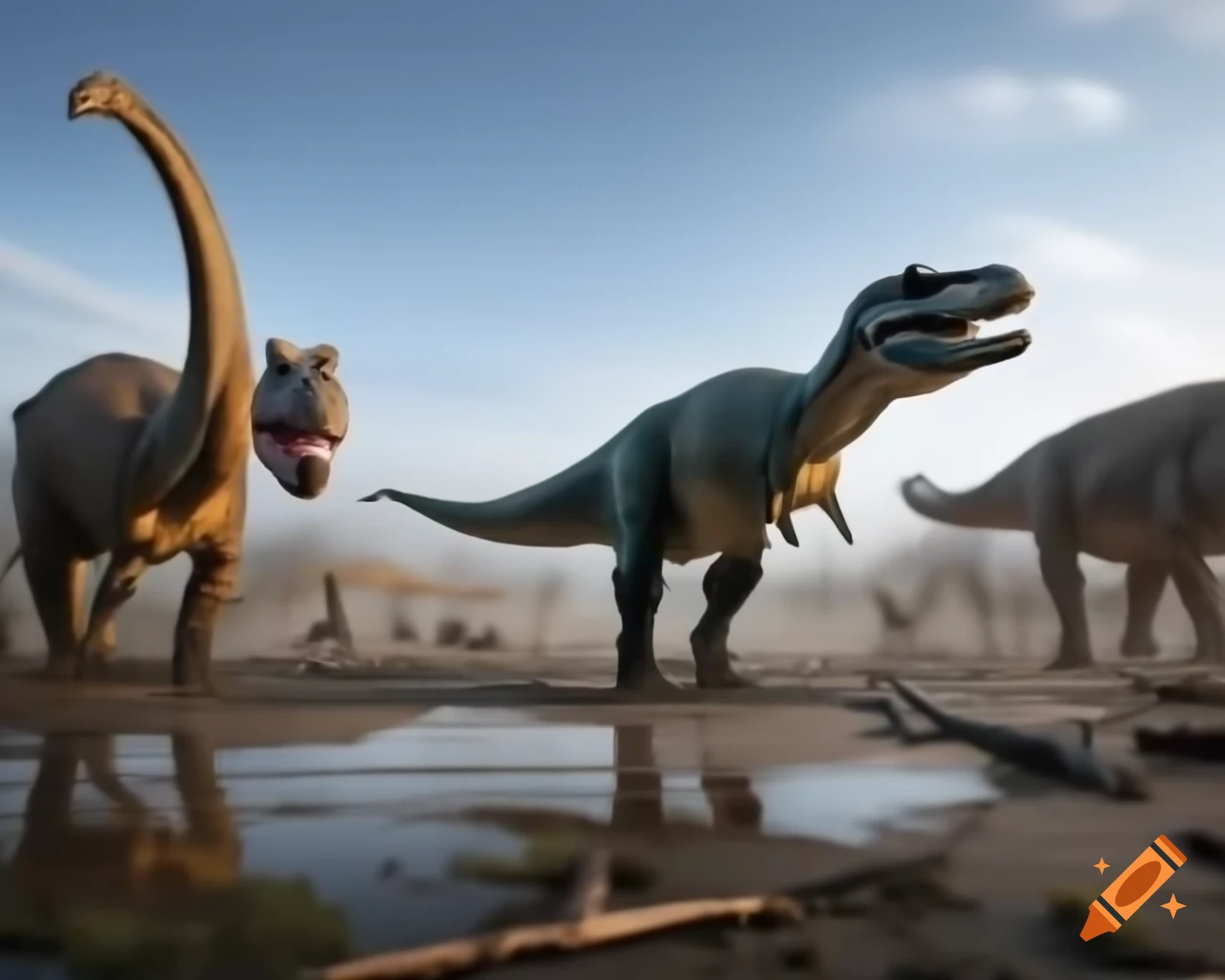 Hadrosaurus dinosaurs in muddy flat with driftwood in bright colors
