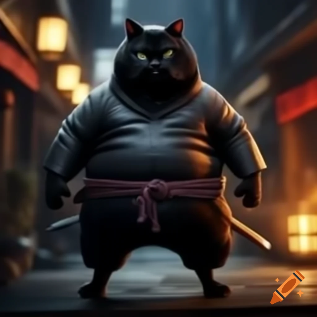 Fat black cat dressed as a ninja