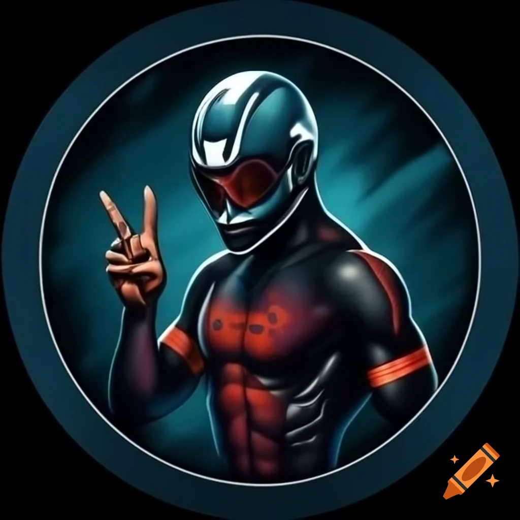Black Ironman with dolphin helmet giving peace sign in outer space, heavy metal album style