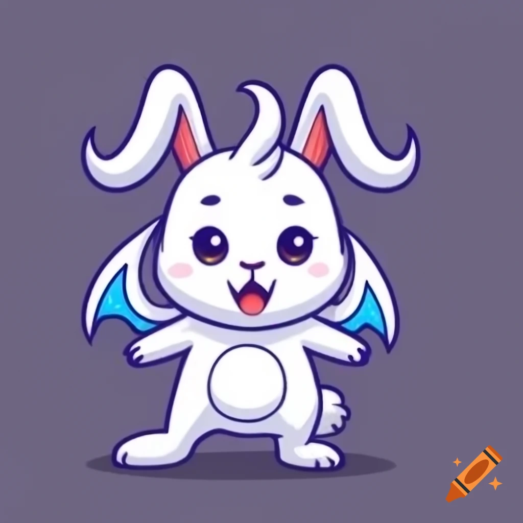 White bunny with dragon wings, demon horns, and fangs