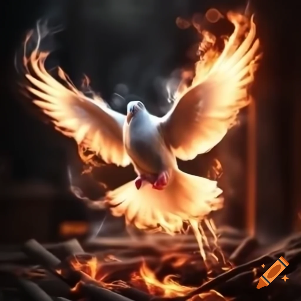 Dove flying with flames around it