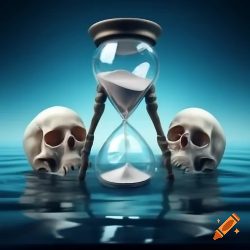 Hourglass floating in water surrounded by skulls