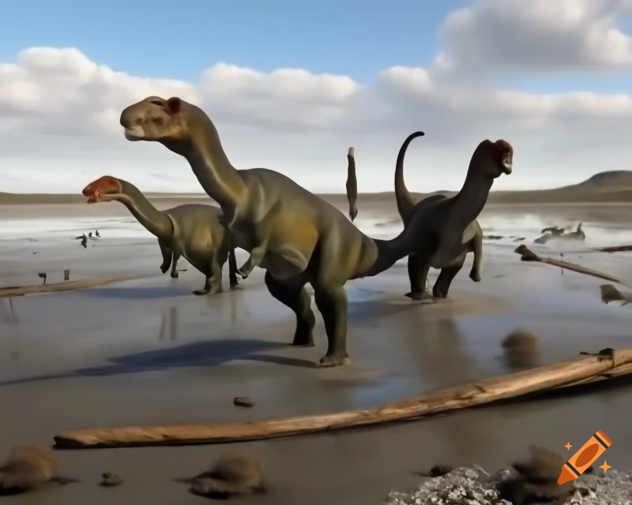 Hadrosaurus Speed Three cinnamon-colored striped Hadrosaurus dinosaurs in muddy flat with ...