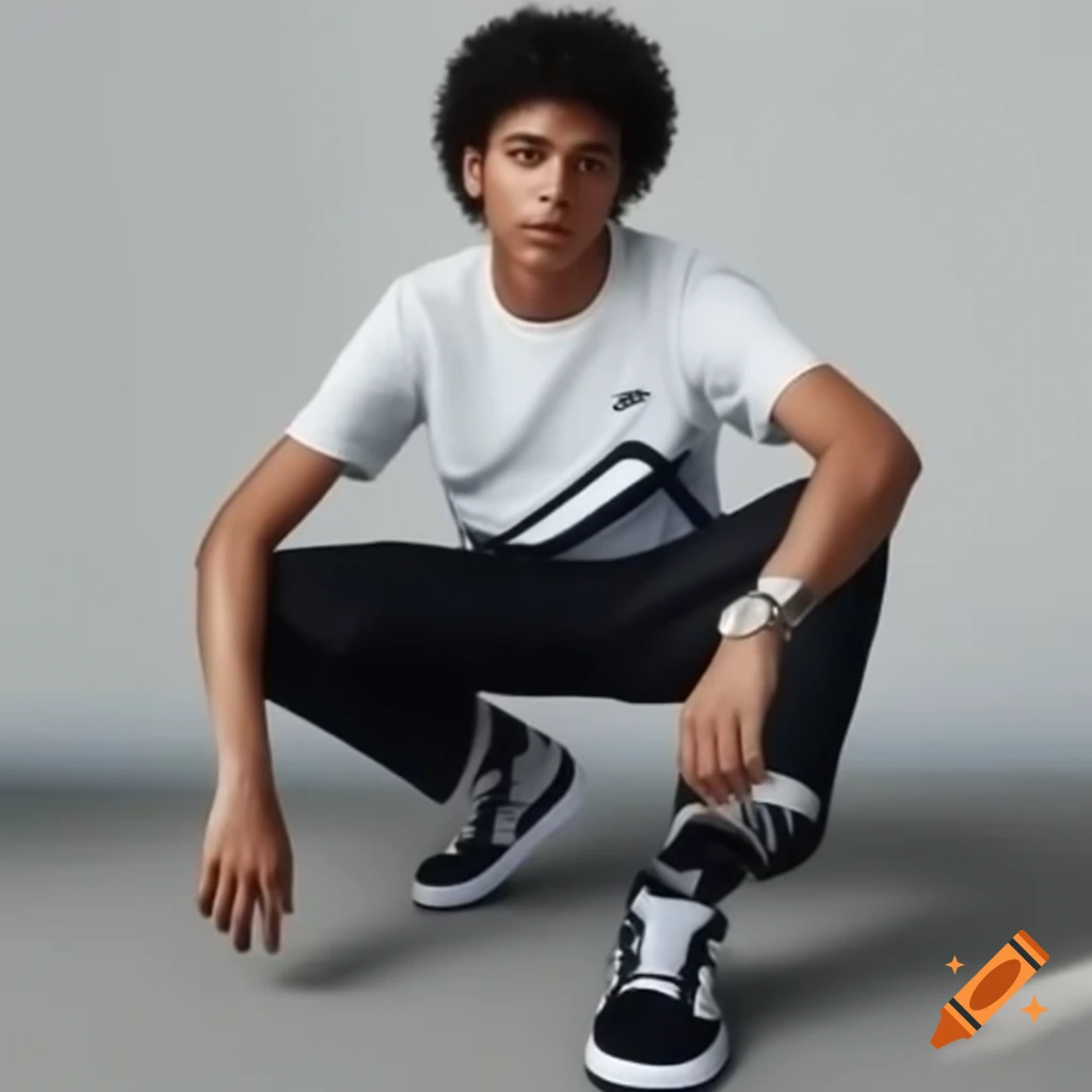 Young man in Lacoste t-shirt and Air Jordan shoes with curly black hair