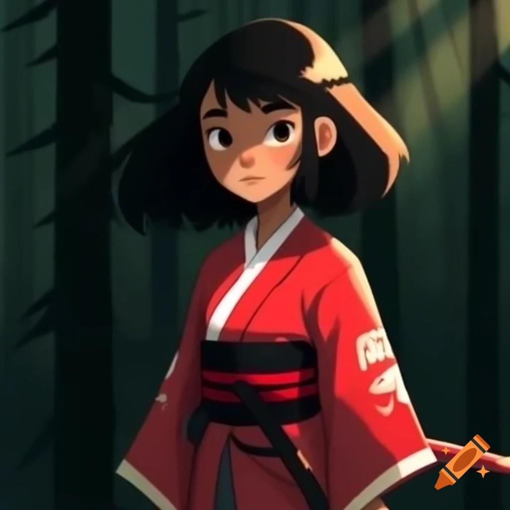 Samurai girl in forest wearing red, white, and black attire