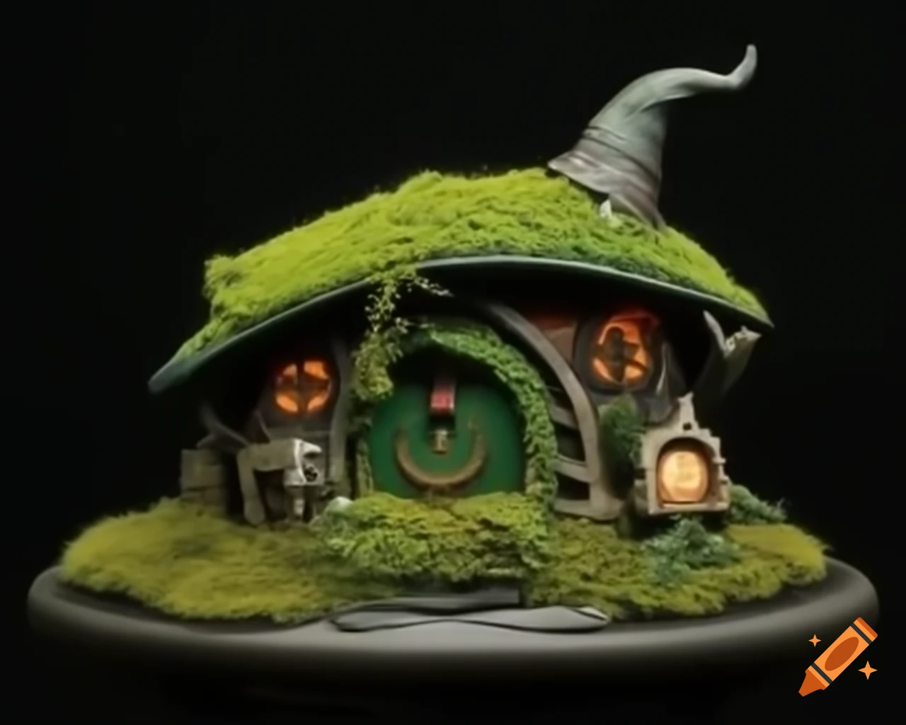 Miniature mossy hobbit witch fairy house with intricate details on a table