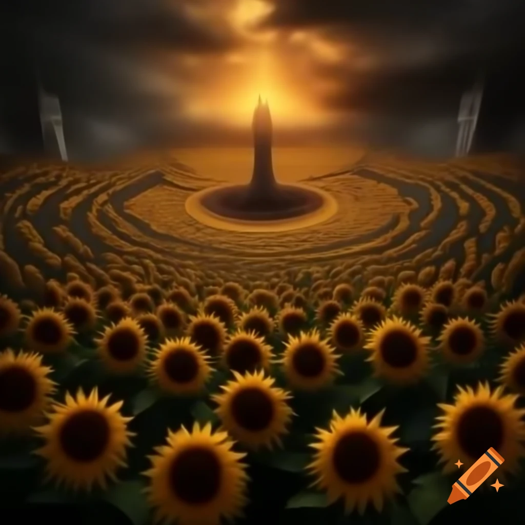 Glowing sunflowers in underdark with amphitheater and cultists