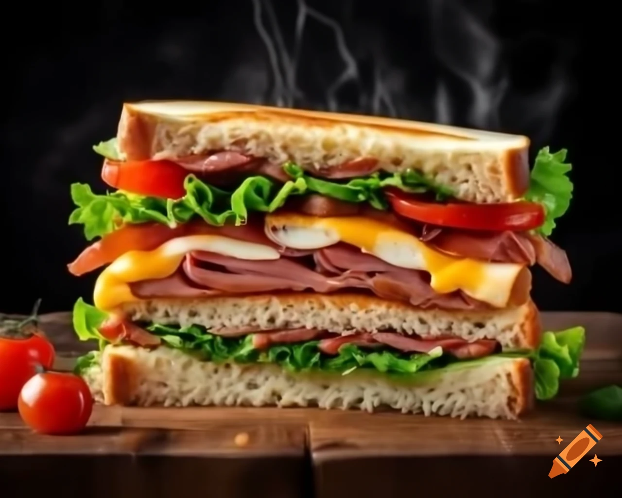 Close-up of a perfect sandwich with melted cheese, bacon, meat, lettuce, and tomato