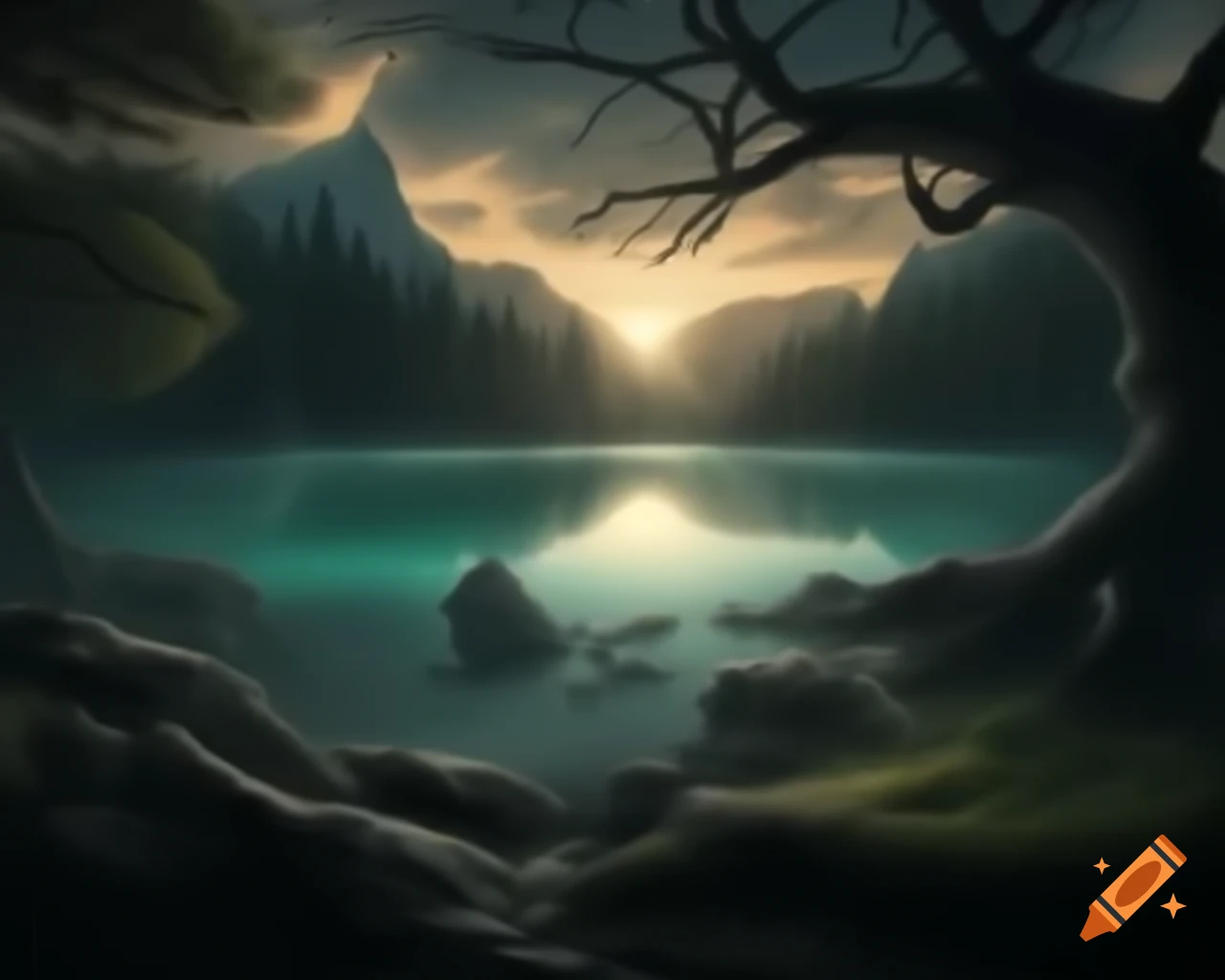 Dark fantasy scene featuring tree monster in forest by mountain lake
