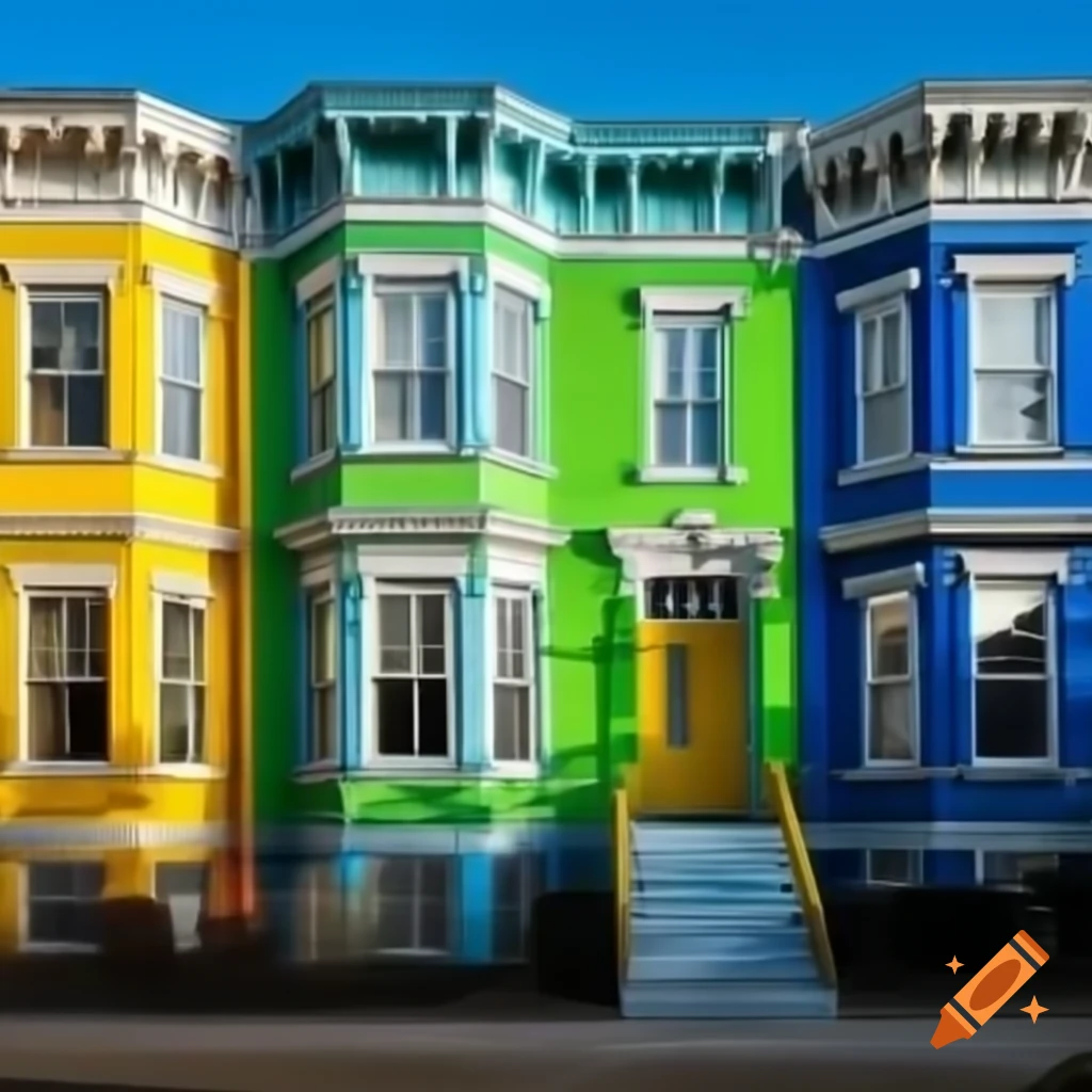 Colorful houses in yellow, green, red, turquoise, and blue