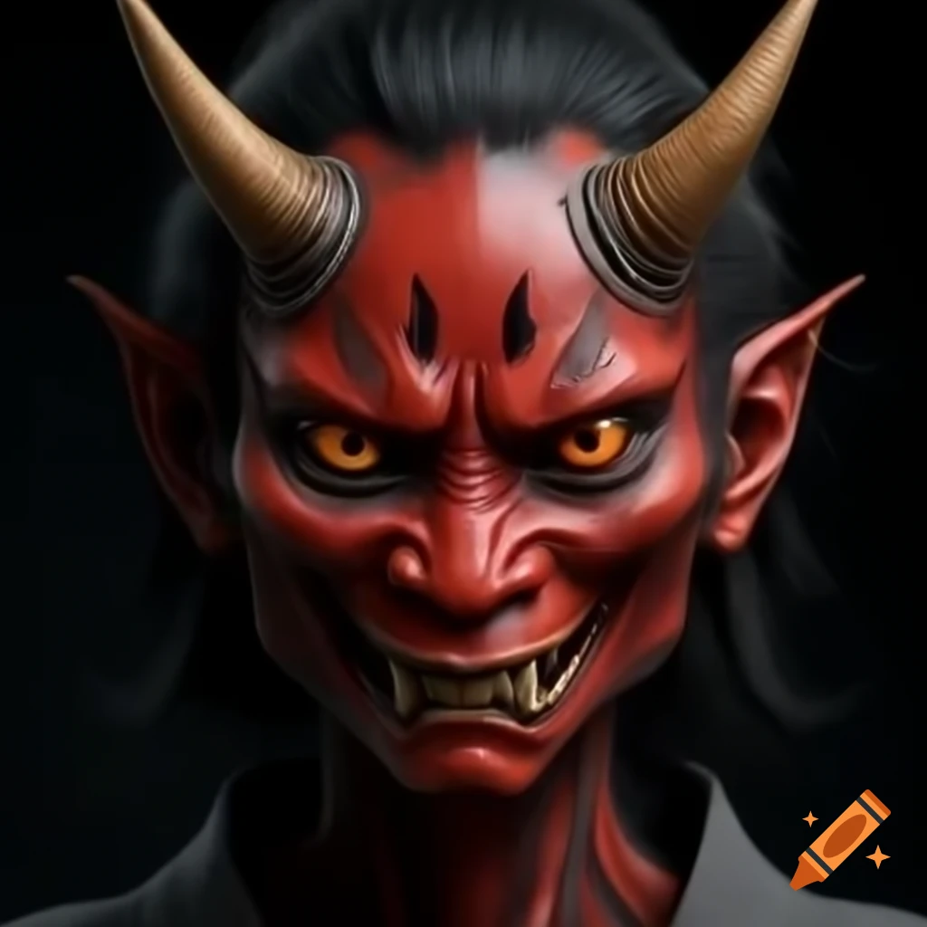 Hyper-realistic Japanese female demon with big eyes and stern expression against dark background