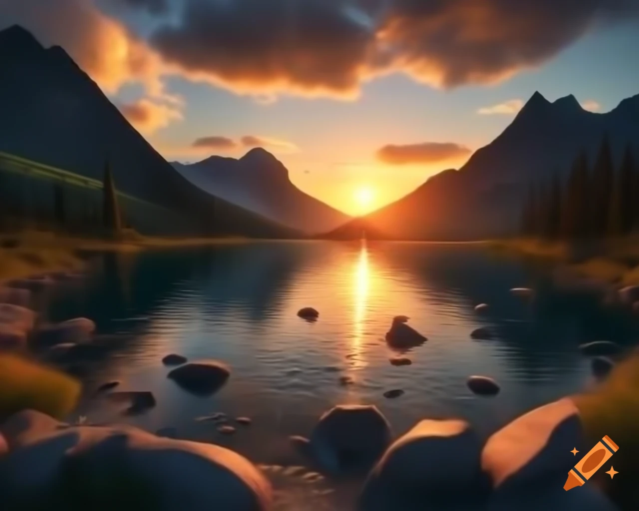 Photorealistic 3D render of mountain lake at sunset with sun rays and island