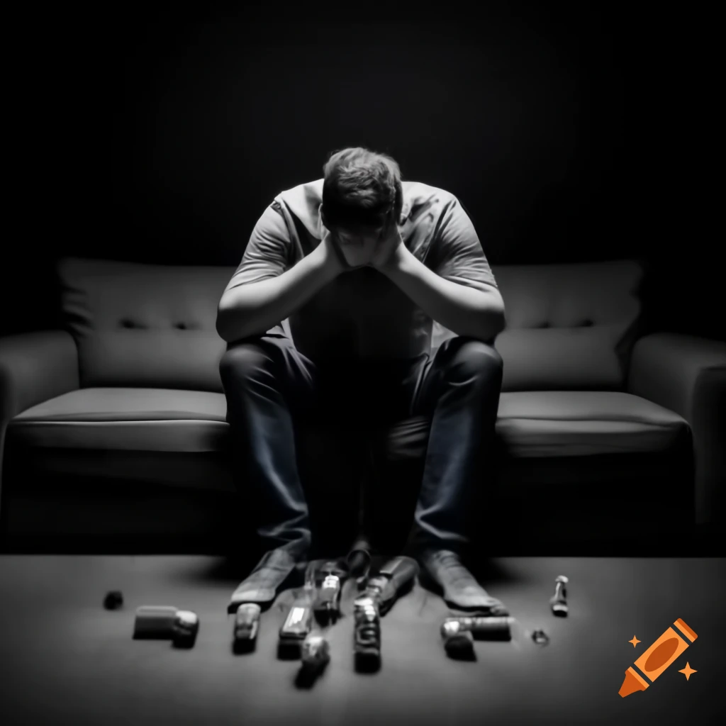 Depressed man sitting on couch in dark living room with empty beer bottles