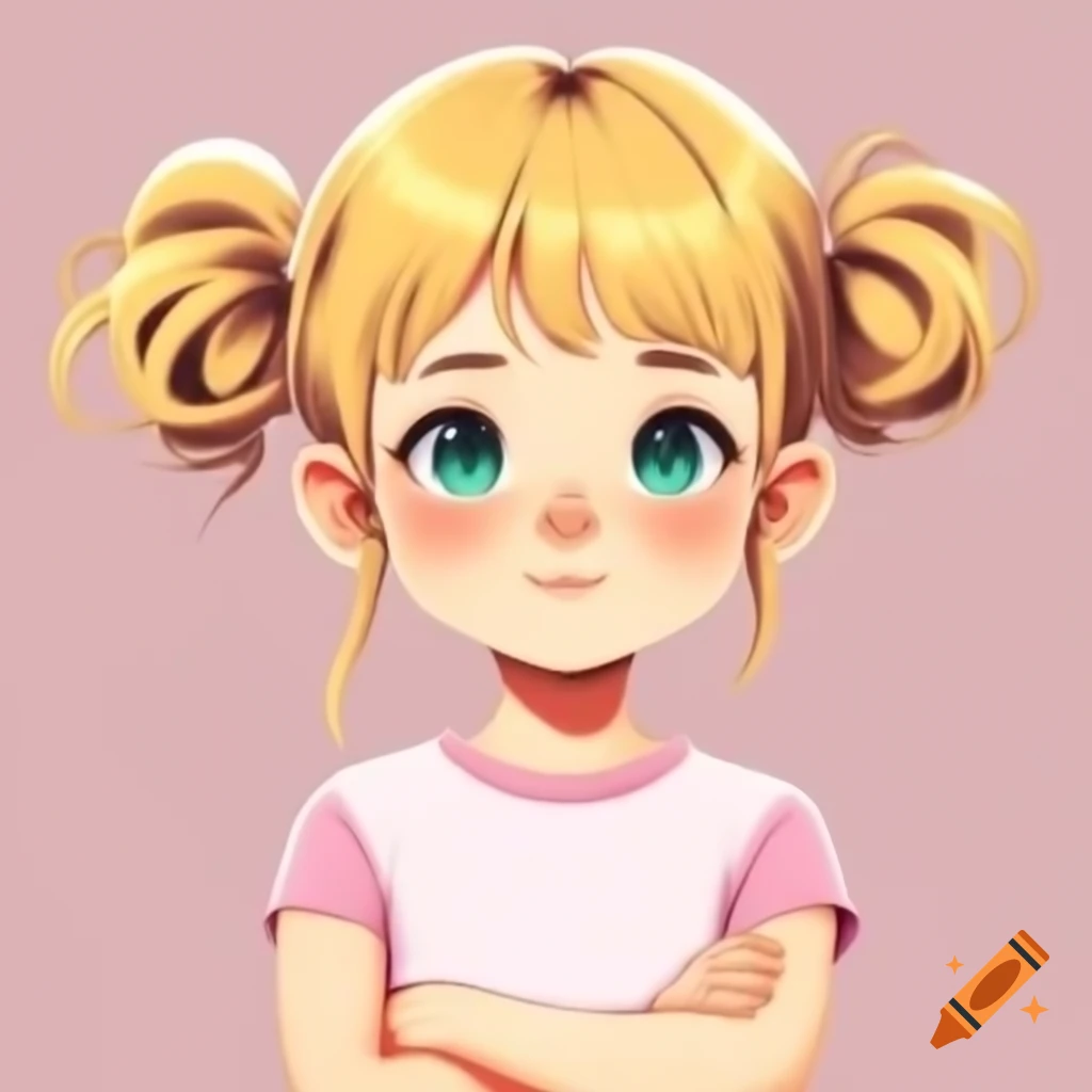 Anime girl with blonde hair and blue-green eyes wearing a pink sleeveless shirt
