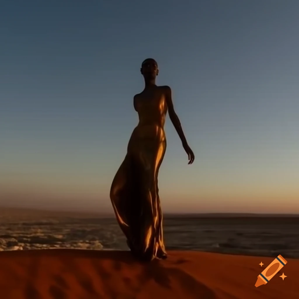 Woman in silky dress on desert edge of modern city at sunset