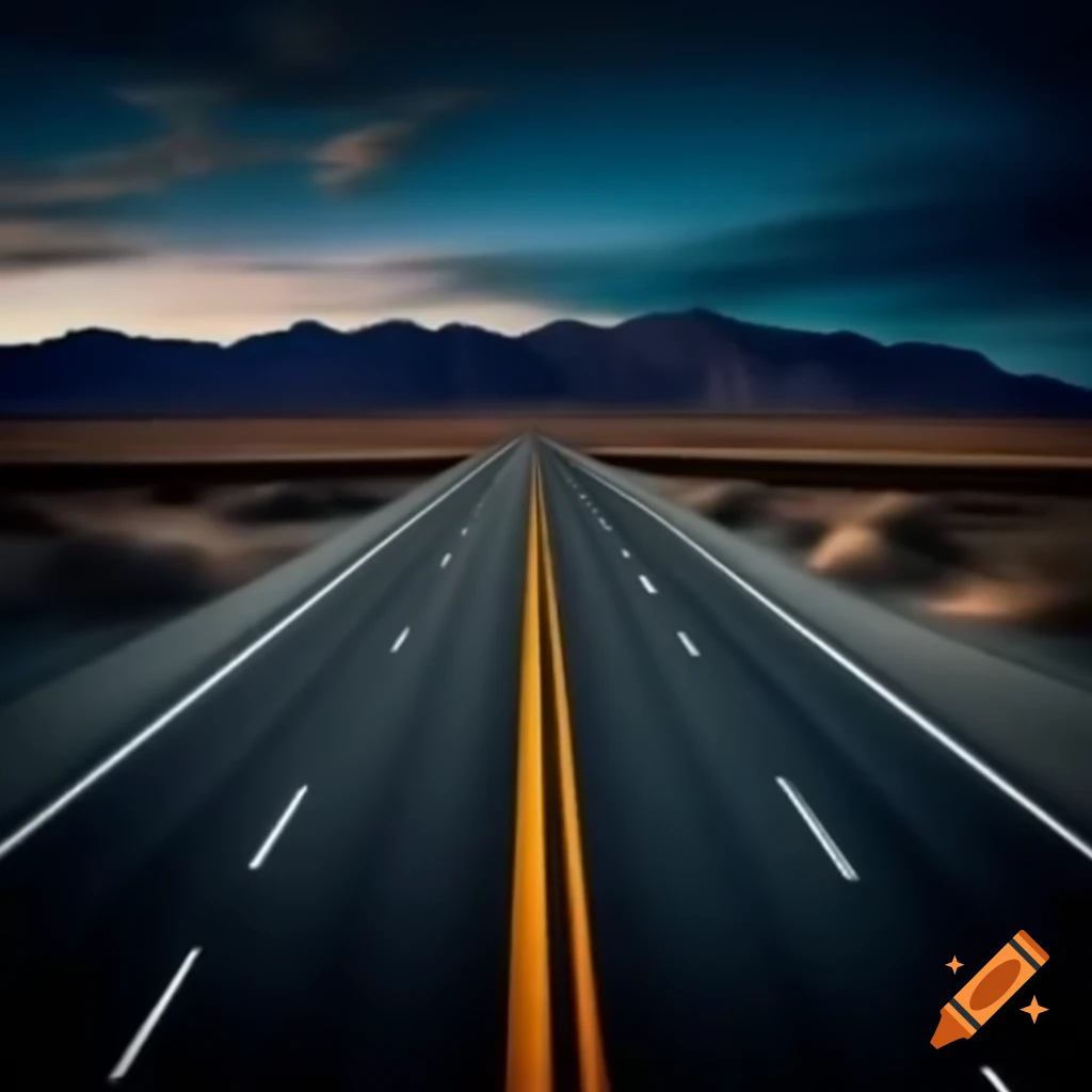 Nighttime view of I-80 highway in Nevada with sunset behind mountains