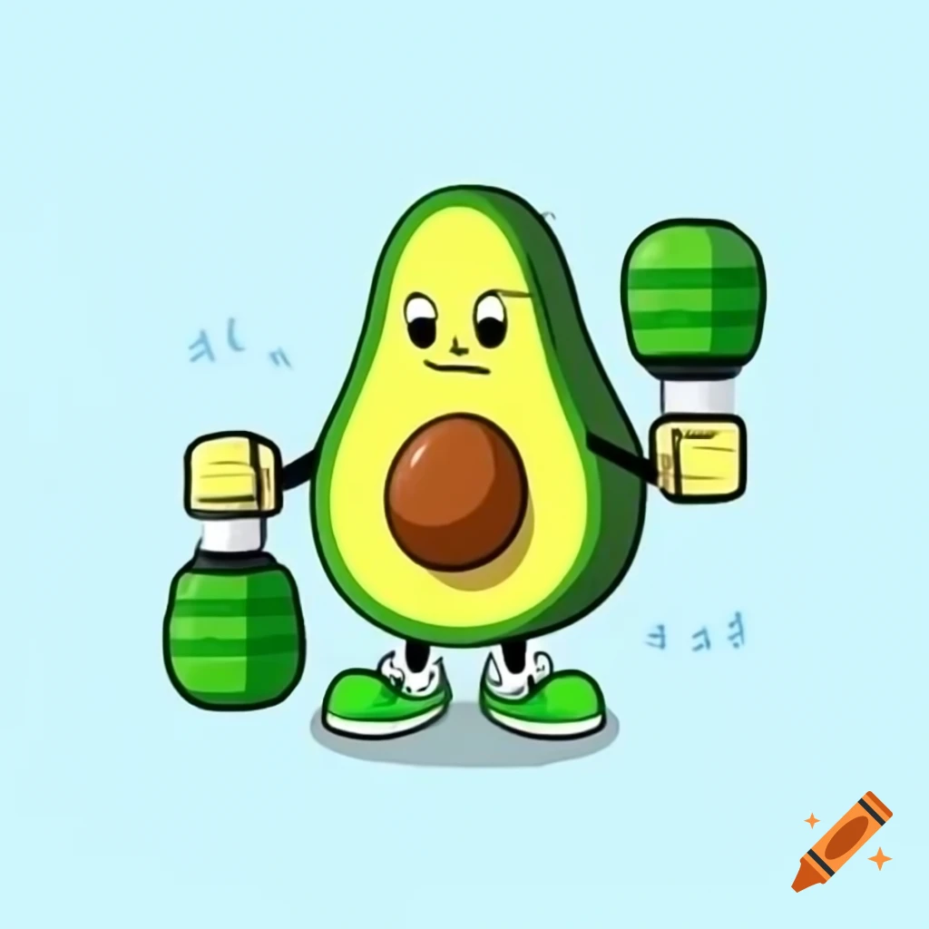Cartoon avocado character working out with dumbbells and headband