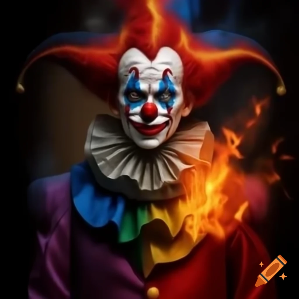 Sinister clown in dark colors representing evil, with a terrifying tone