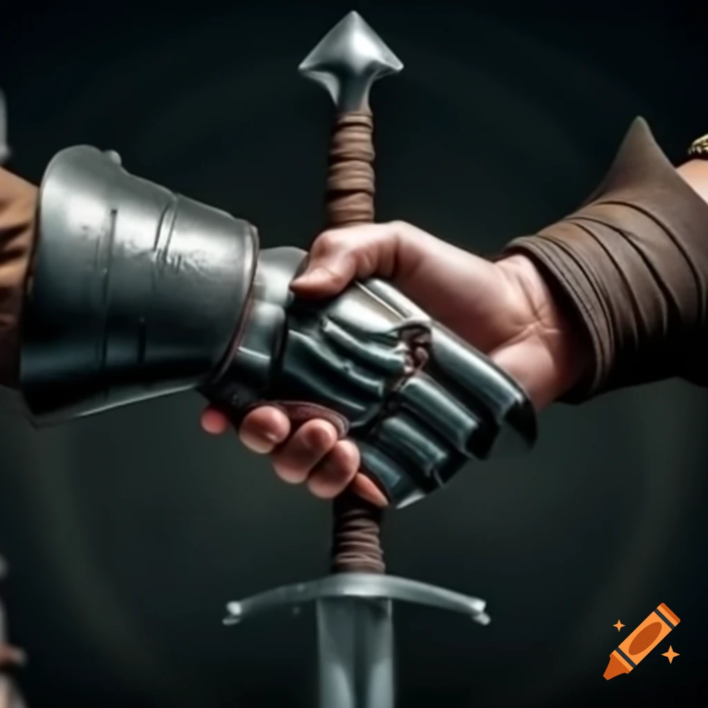 Handshake between armored figures