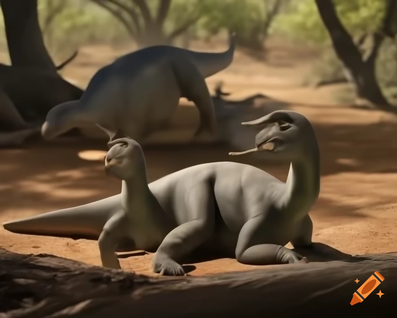 Mother Hadrosaurus with two young resting in tree's shadow in sunny clearing