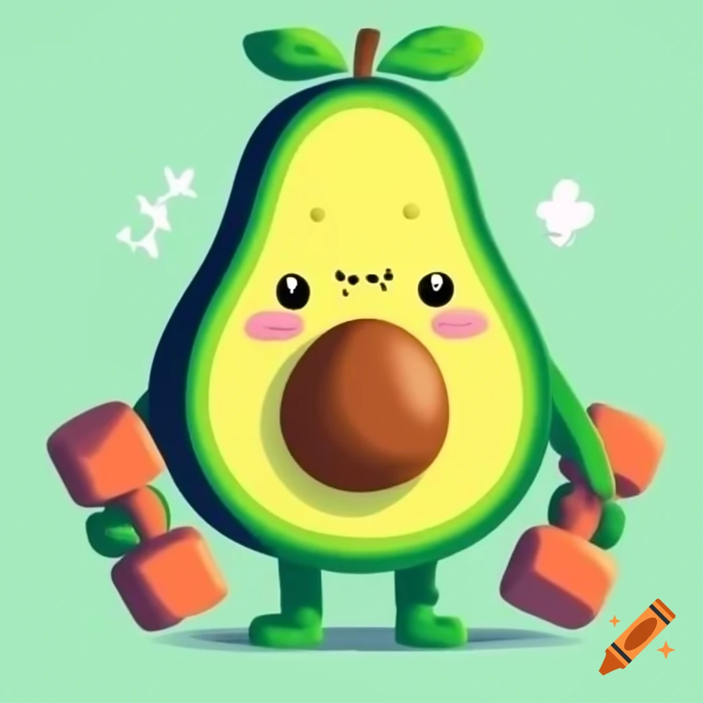 Cartoon avocado character working out with dumbbells and headband