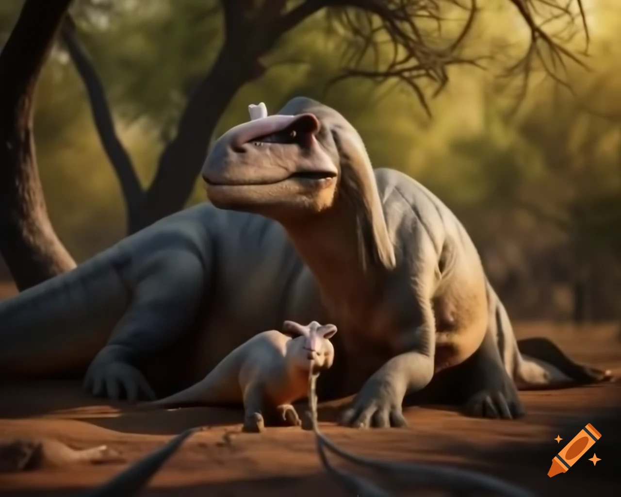 Mother Hadrosaurus with two young in shady clearing, morning light