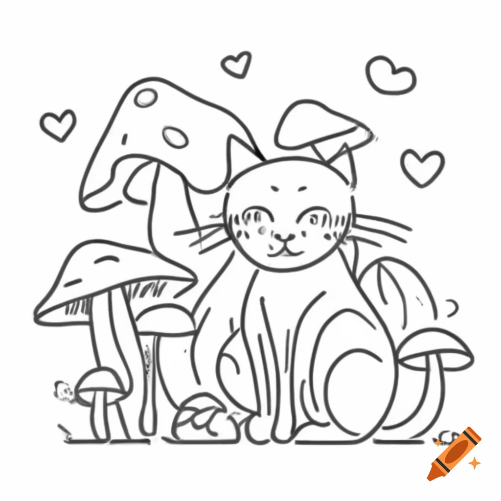 Line art of kitten floating among mushrooms and hearts