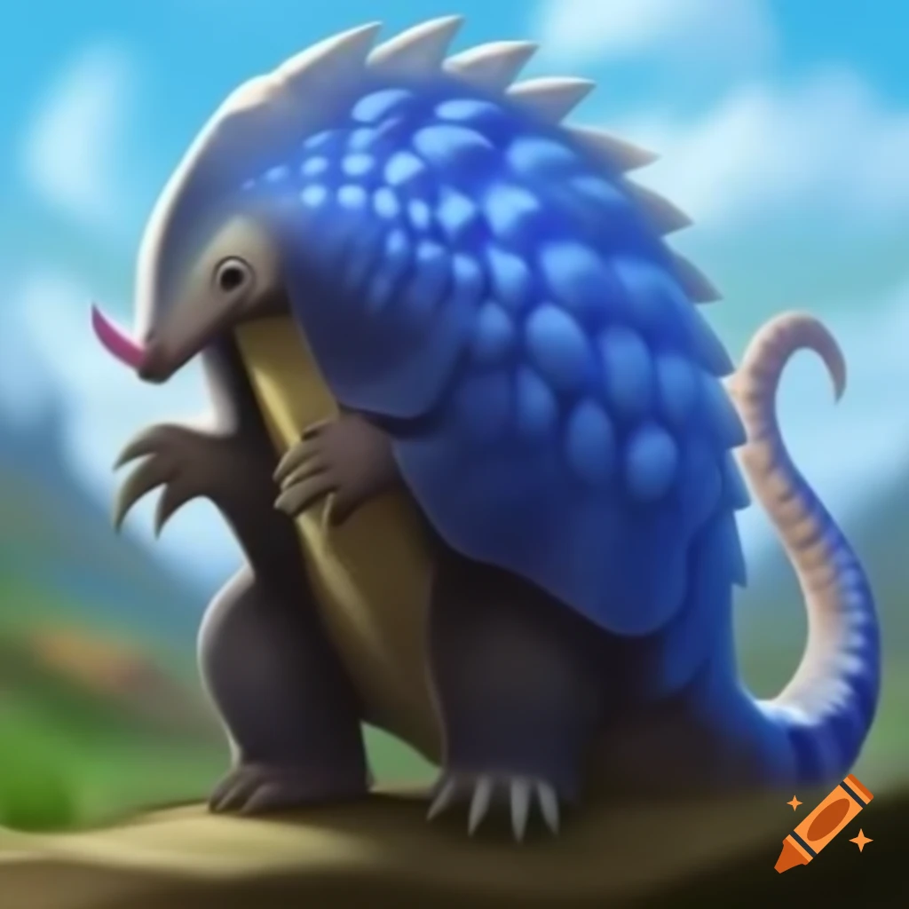 Blue pangolin with protective scales and curved claws in a fantasy setting