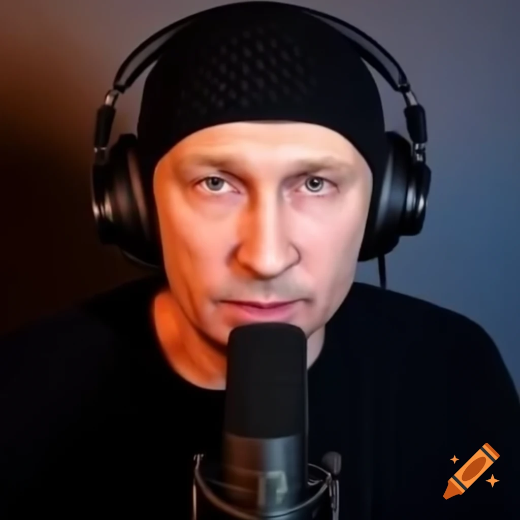 Vladimir Putin in knit cap and t-shirt podcasting with microphone, satire