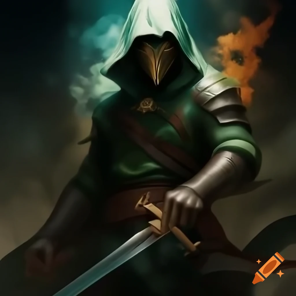 Rogue half-elf in metal mask and medieval outfit holding short sword
