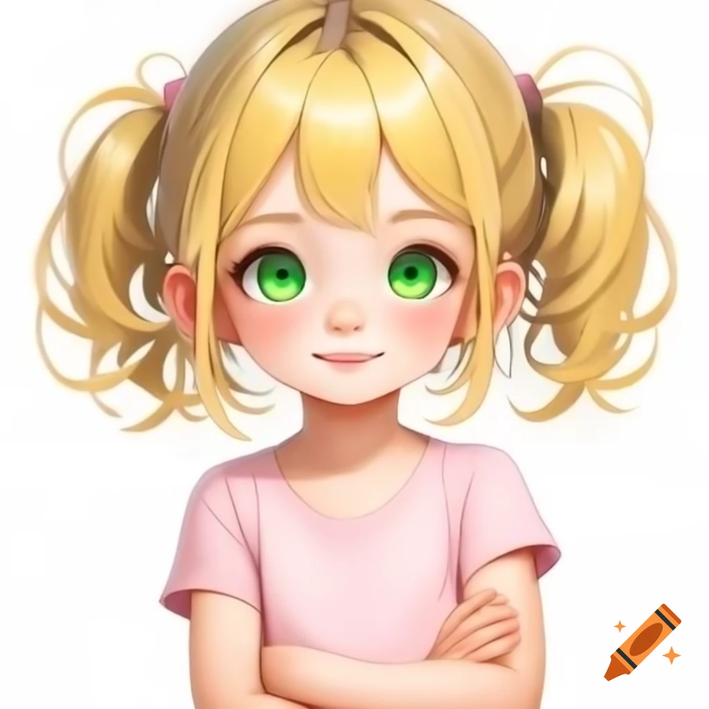 Anime girl with blonde hair and green eyes, wearing pink sleeveless t-shirt and crossed arms