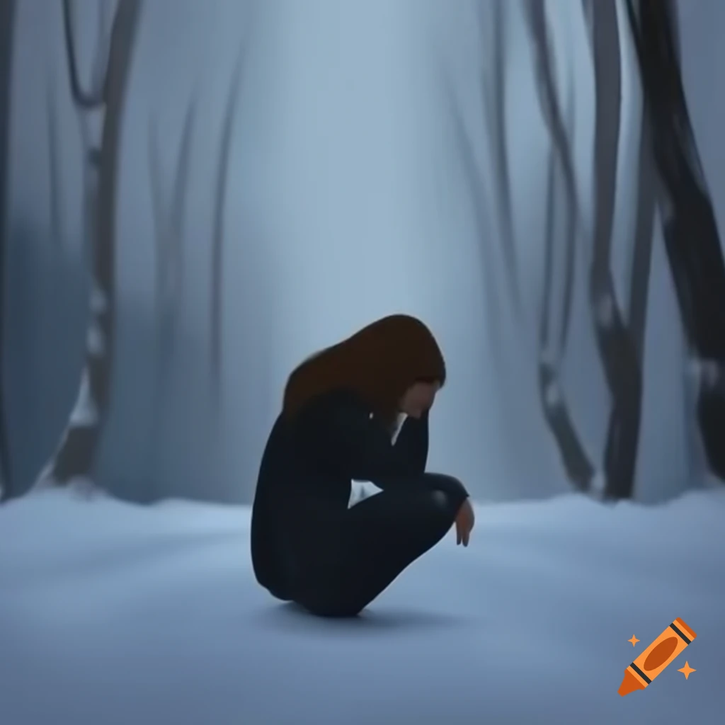 Sad woman in a winter landscape