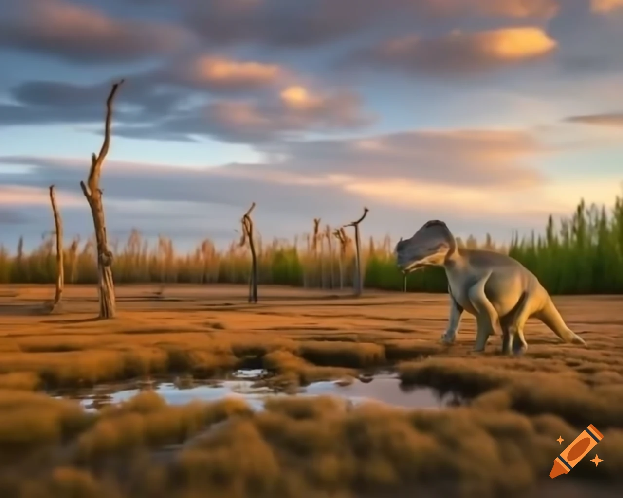 Styracosaurus crossing marshland with dead trees in British Columbia, golden afternoon light