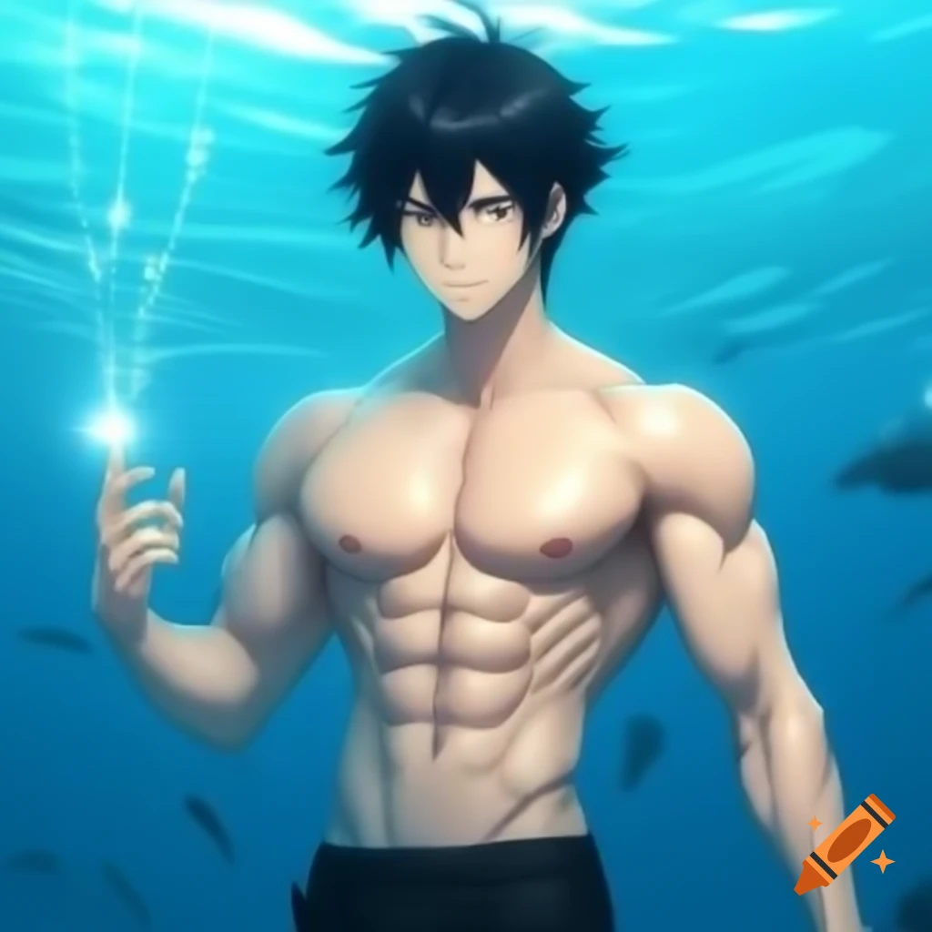 Anime man with black hair holding breath underwater