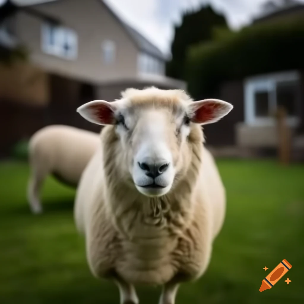 Close up of a single sheep in suburban backyard