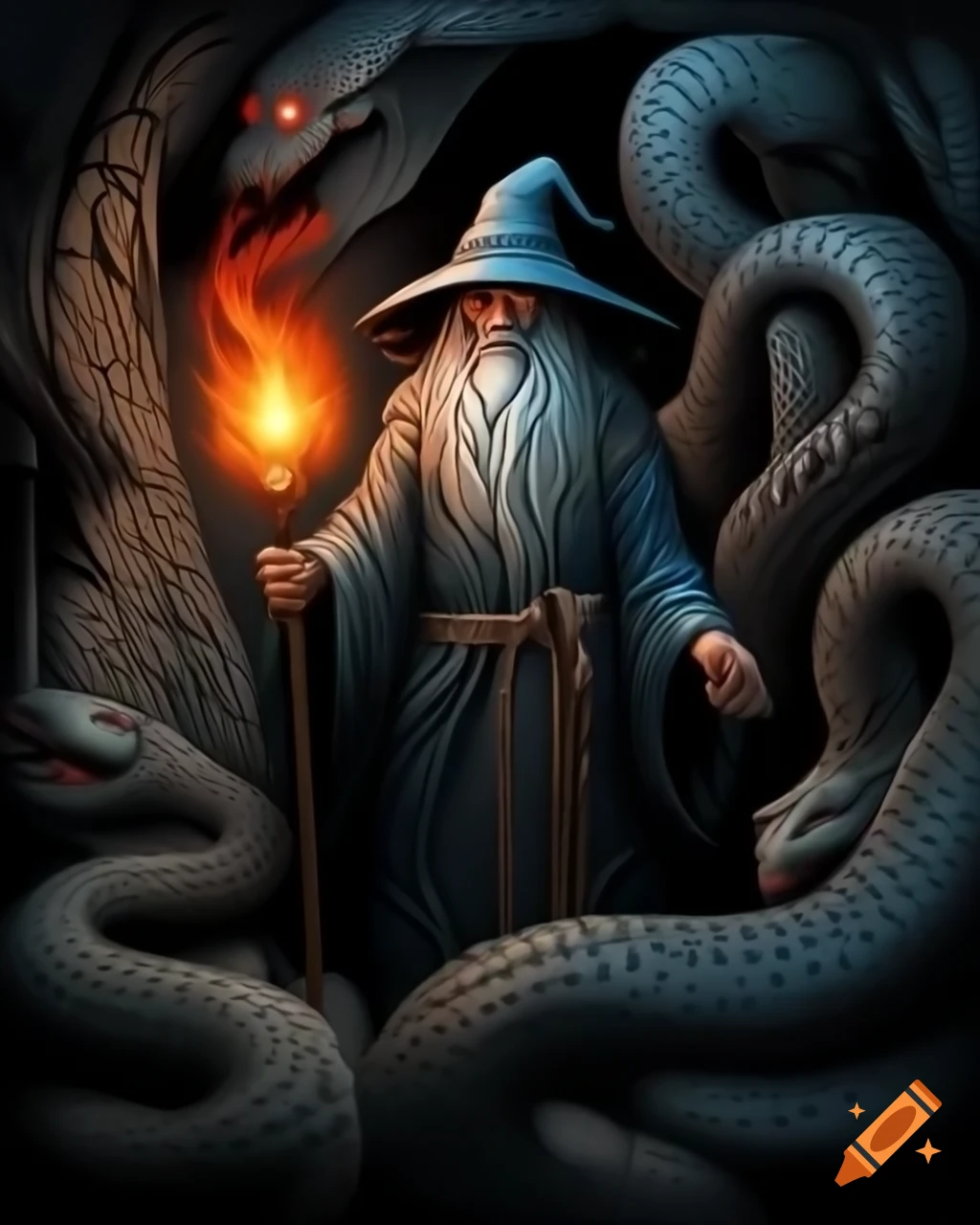 Dark fantasy art of wizard holding torch entering cave with monstrous snakes