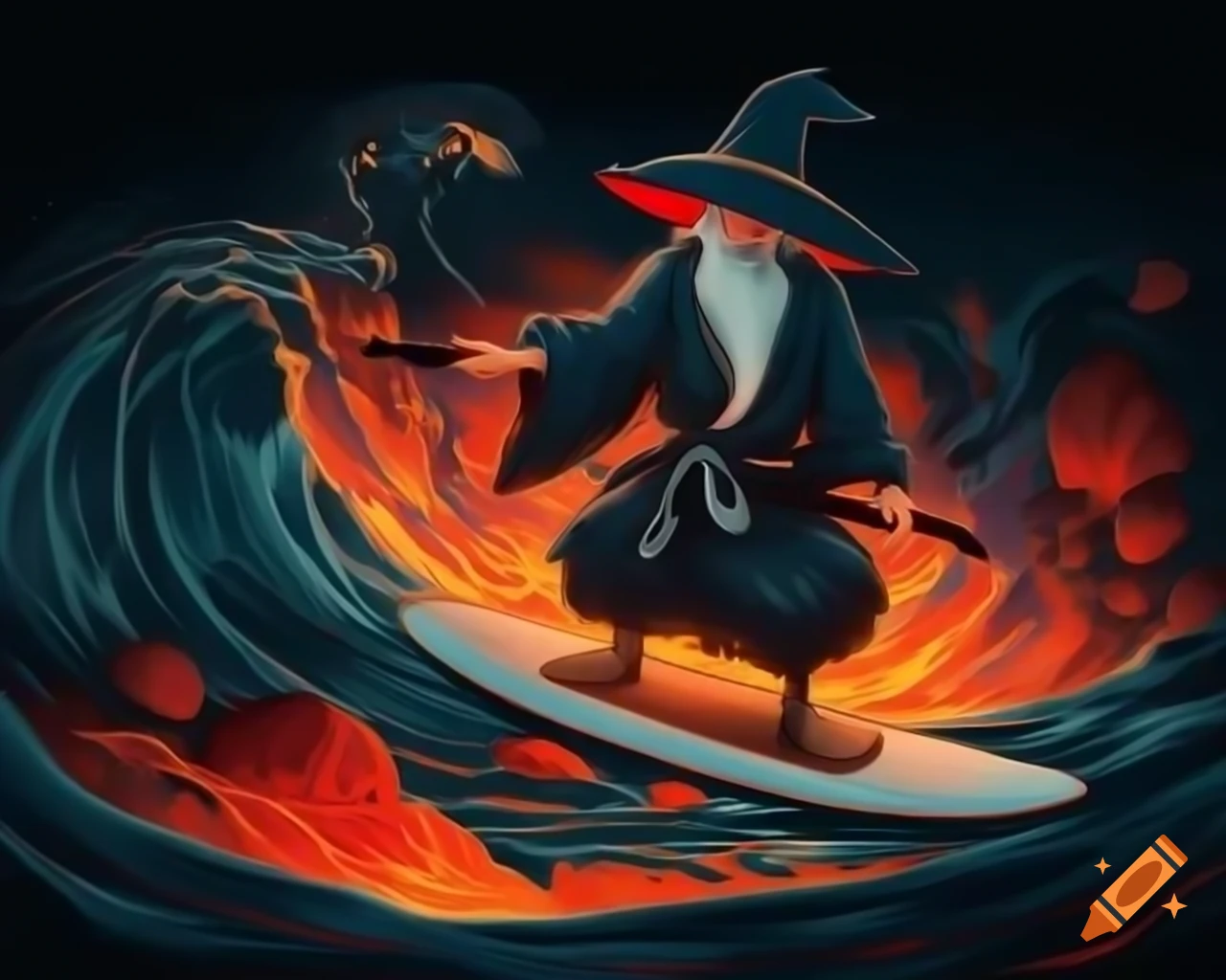 Ukiyo-e illustration of Gandalf surfing on lava with dramatic anime lighting