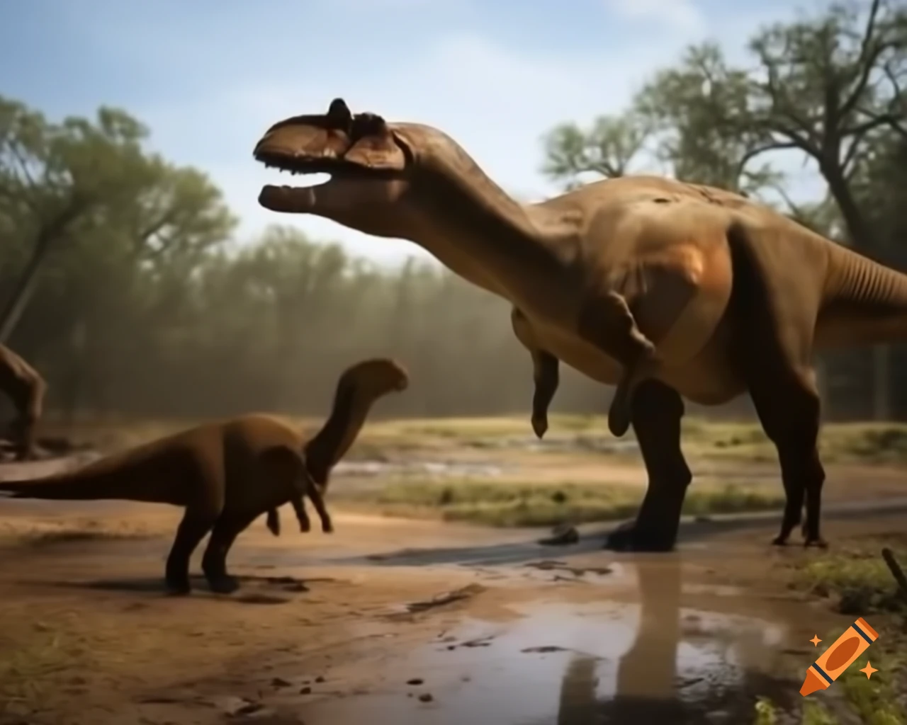 Hadrosaurus pair drinking in puddle under tree in sunny clearing