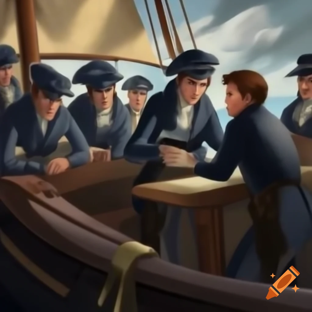 Group of sailors on a ship in comic style, year 1850