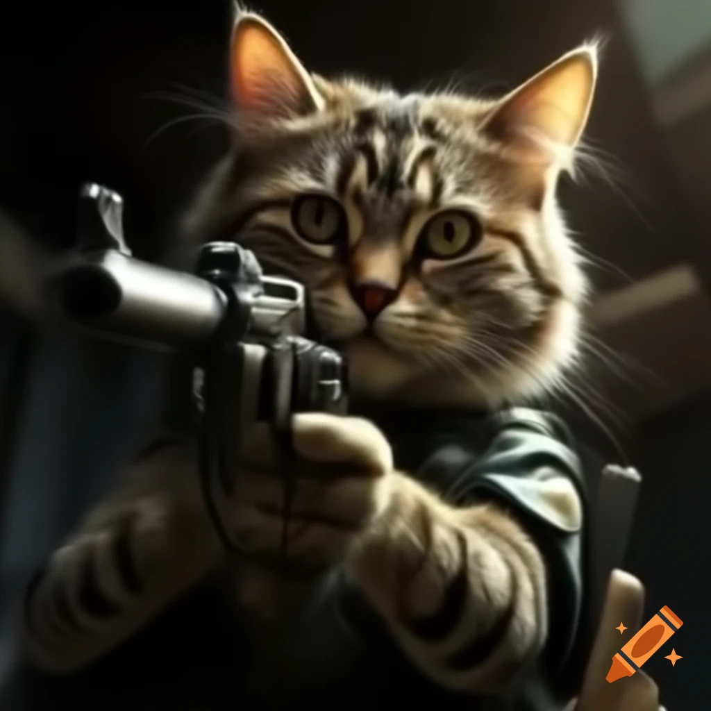 Cat holding a gun in a playful pose