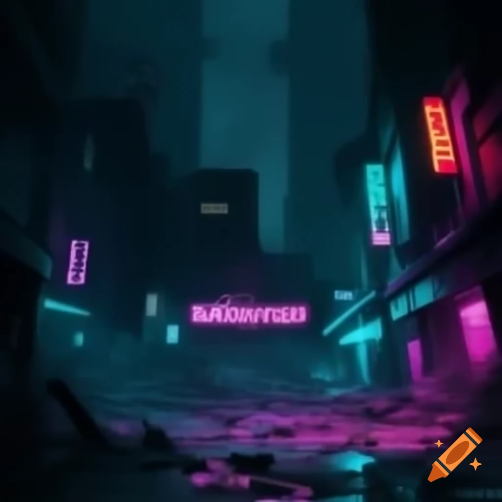 Dark neon ghost city with hotel neon sign in a destroyed landscape