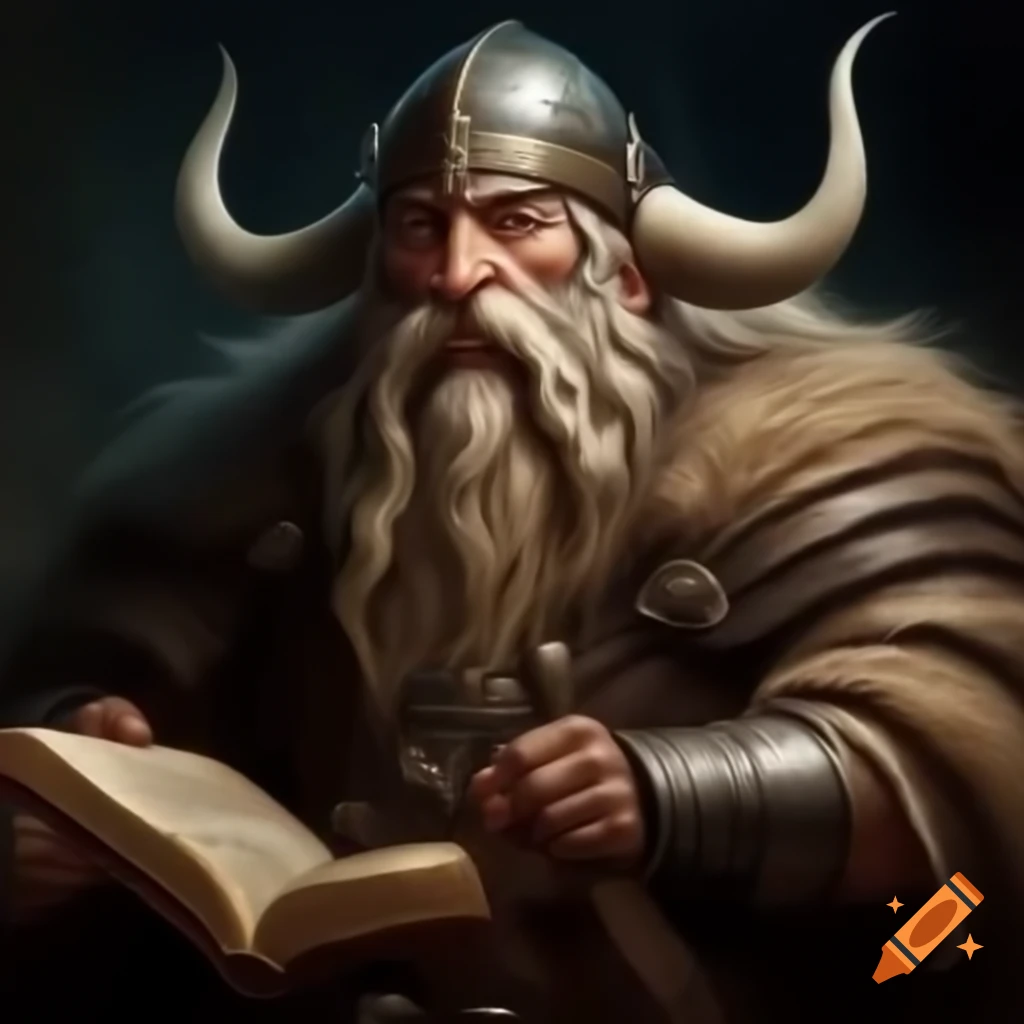 Ancient Viking philosopher reading a book