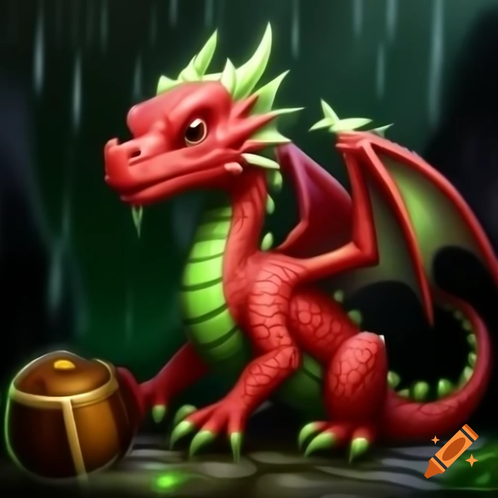 Red dragon near cave painting and treasure on a rainy day