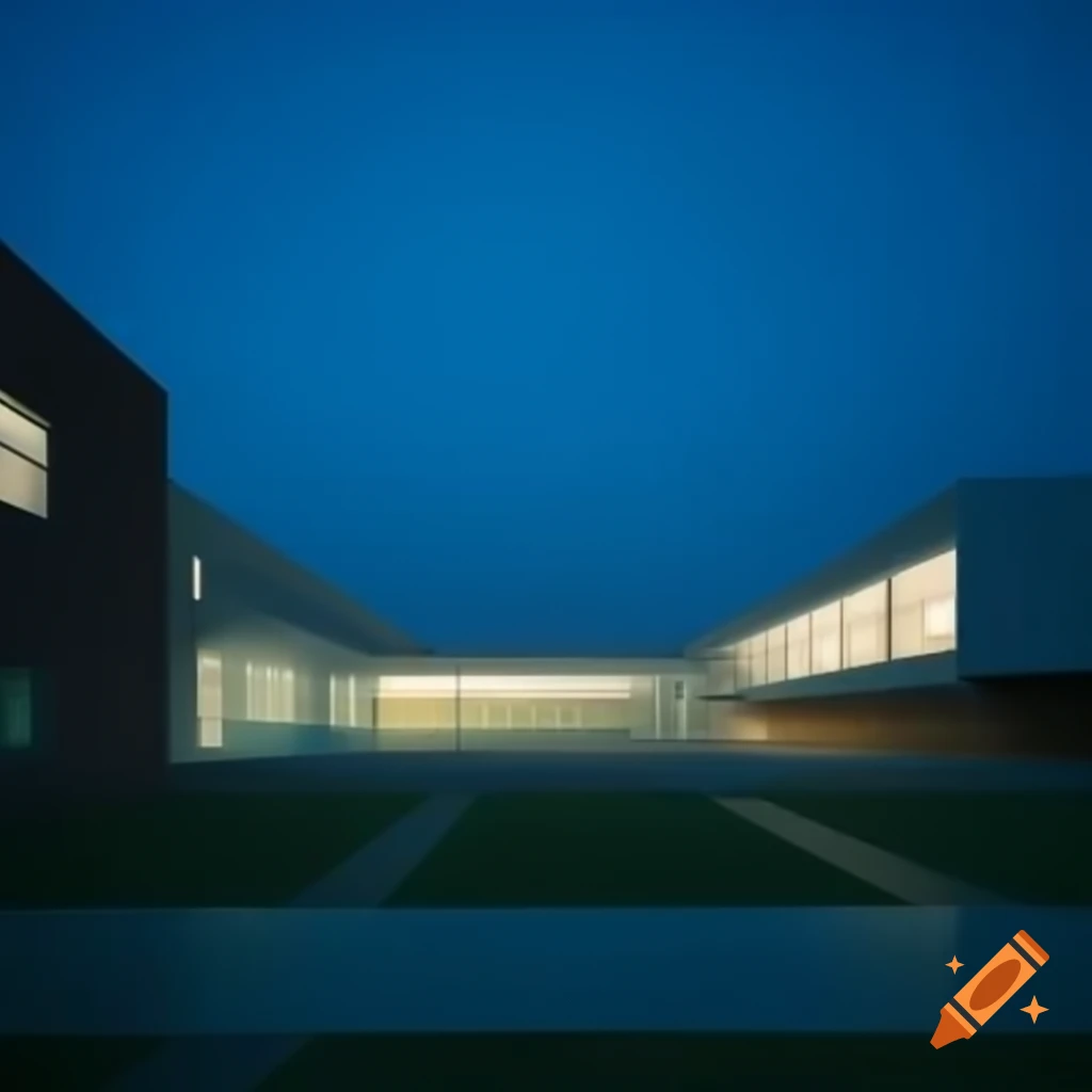 Modern school yard at dusk with surreal and dreamlike atmosphere