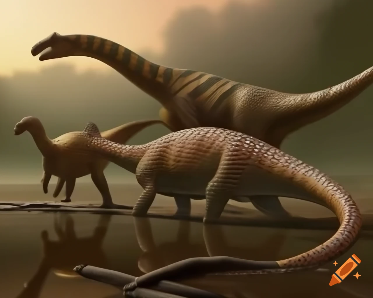 Three cinnamon-colored striped Hadrosaurus dinosaurs in muddy flat with driftwood in morning light