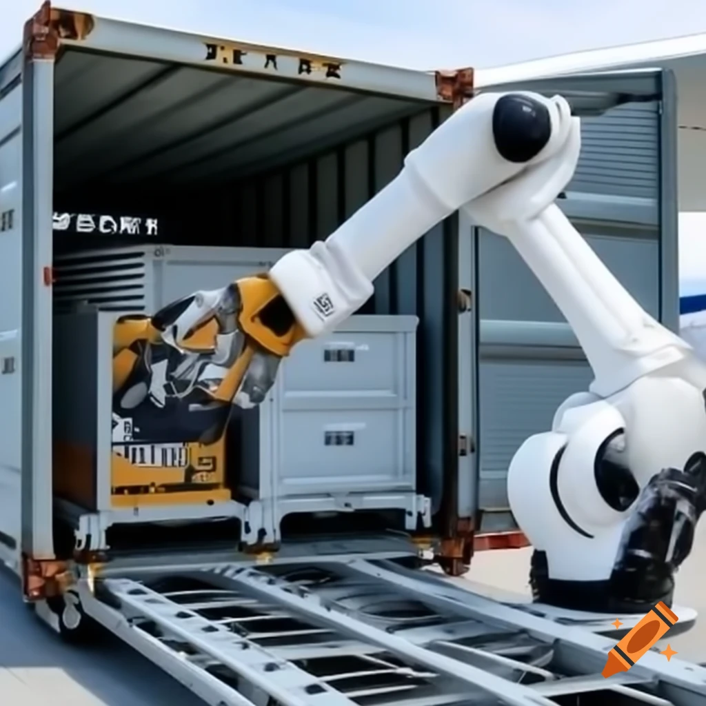 Robotic arm placing baggage into aircraft unit load device container