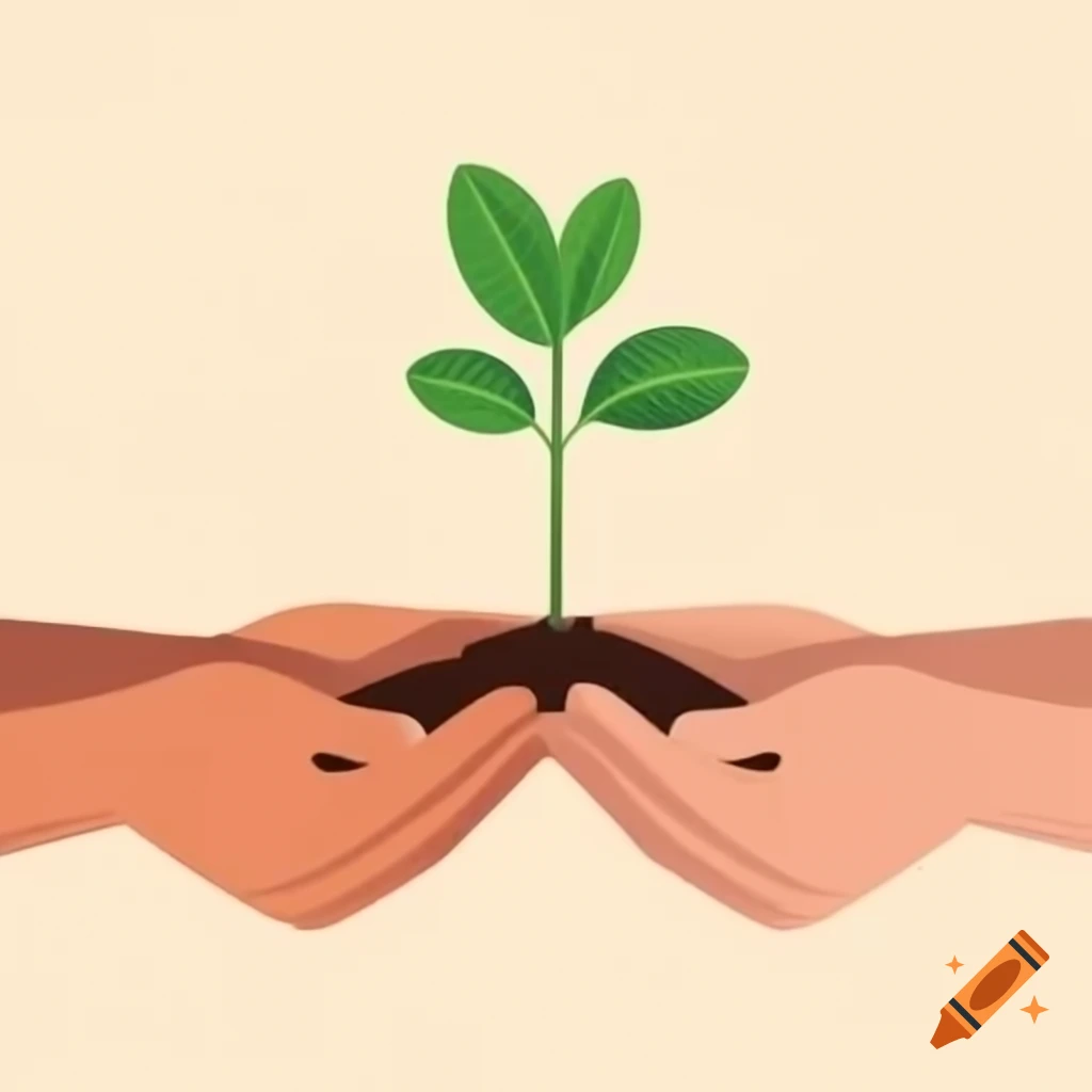 Three hands holding a gingko tree seedling